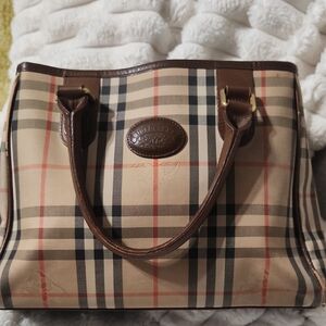 Beige Plaid Satchel with Brown Trim